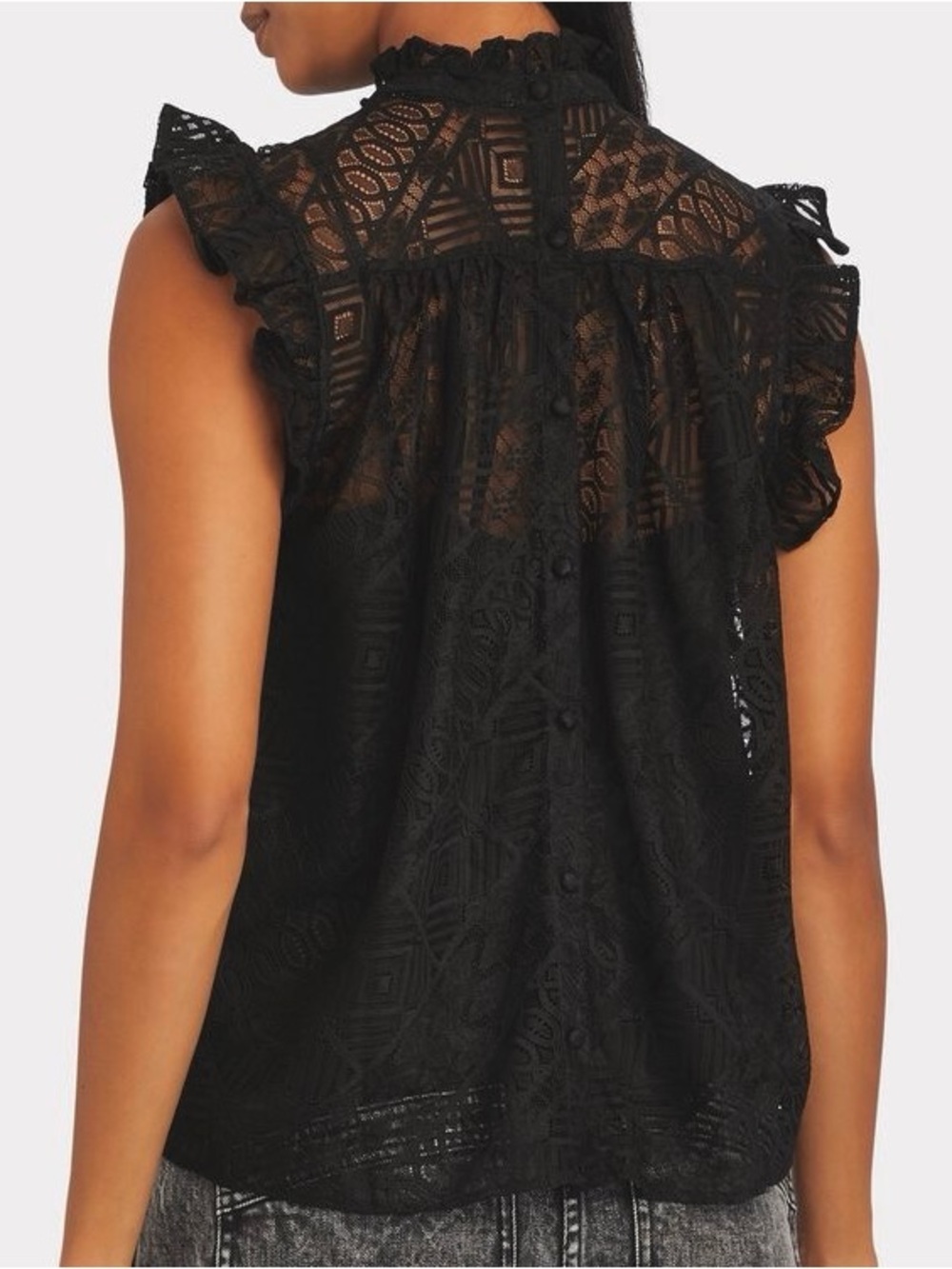 FRAME Mock Neck Geo Lace Sheer Ruffle  Sleeve Button Back Blouse - Size Medium - Picture 2 of 12